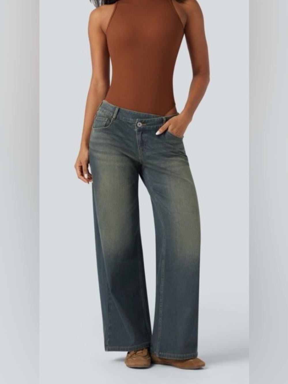 MEDIUM.  HALARA FLEX ASYMMETRIC BAGGY WIDE LEG JEANS